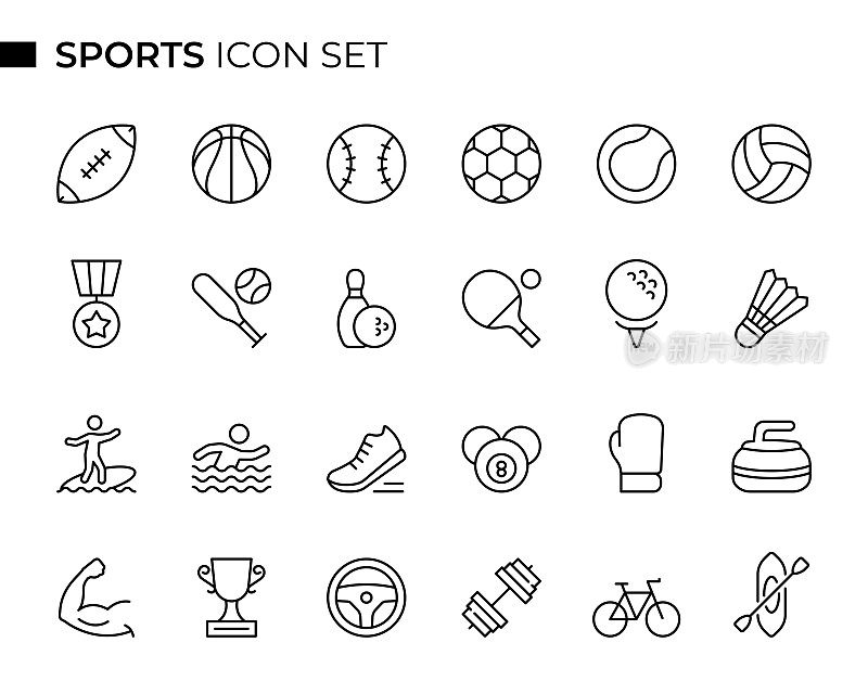 Sports Concept Thin Line图标集包含美式足球、篮球、足球、网球、排球、棒球、板球、高尔夫、乒乓球等图标